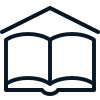 Outlined icon of an open book with a roof above it, symbolizing a school or education.
